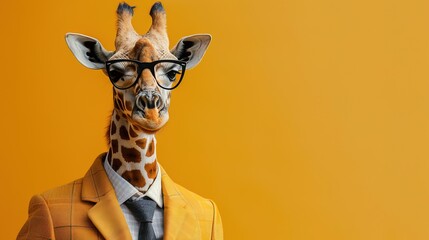 Modern giraffe in fashionable trendy outfit with hipster glasses and business suit. Creative animal concept banner. color background banner with copyspace