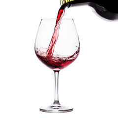 Pouring Red Wine Into Glass, Elegant Flow And Splash On Isolated Background
