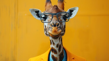 Modern giraffe in fashionable trendy outfit with hipster glasses and business suit. Creative animal concept banner. color background banner with copyspace