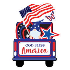 God bless America sublimation with cute gnome and decoratived elements on the truck. Vector illustration for Memorial Day.