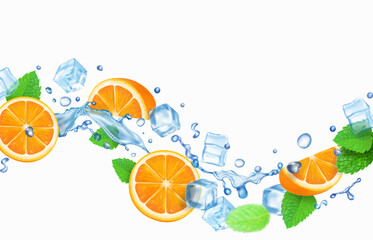 Transparent water wave splash and sliced orange juice 3d realistic vector. Citrus fruit and ice cubes, tropical summer drink, lemonade, ice tea cocktail. Orange and mint