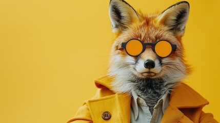 Modern fox in fashionable trendy outfit with hipster glasses and yellow business suit. Creative animal concept banner. Pastel yellow background banner with copyspace