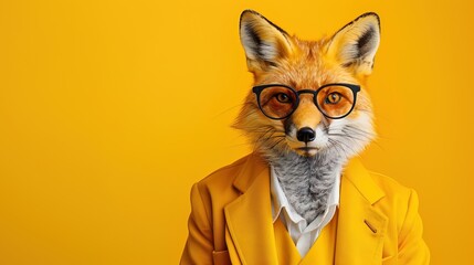 Modern fox in fashionable trendy outfit with hipster glasses and yellow business suit. Creative animal concept banner. Pastel yellow background banner with copyspace
