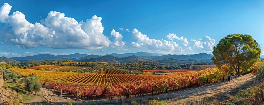 Wine landscape with vineyards during autumn in the Alella denomination of origin area in the province of Barcelona in Catalonia Spain