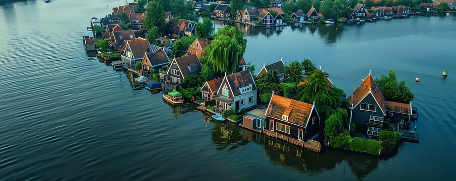 Aerial view of houses on the water, Scheendijk, Netherlands.