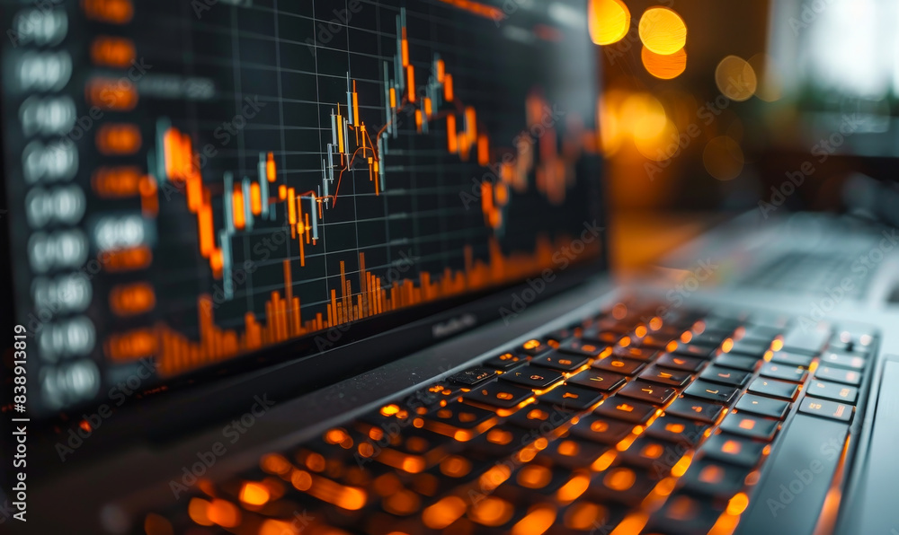 Poster illuminated laptop keyboard with financial trading chart display at night | stock market data analys