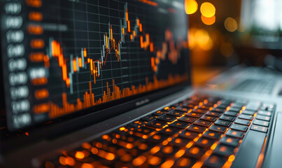 Illuminated Laptop Keyboard with Financial Trading Chart Display at Night | Stock Market Data Analysis and Trading Concept