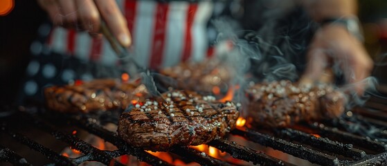 Man cooking steaks on grill, high detail, photorealistic, American flag apron, smoky setting 8K , high-resolution, ultra HD,up32K HD