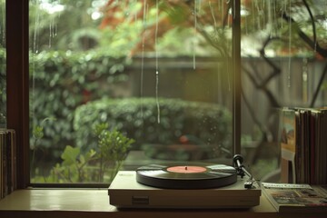 closeup view of a stylish turntable placed on an elegant window sill, embodying contemporary style with modern midcentury design elements.