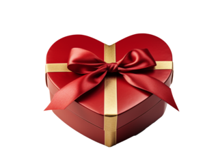 a red heart shaped box with a red bow