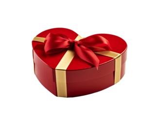 a red heart shaped box with a bow