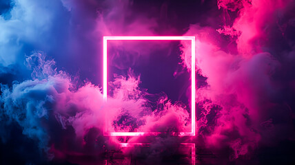 Abstract background with colorful light,3d render, glowing blue square frame in the clouds