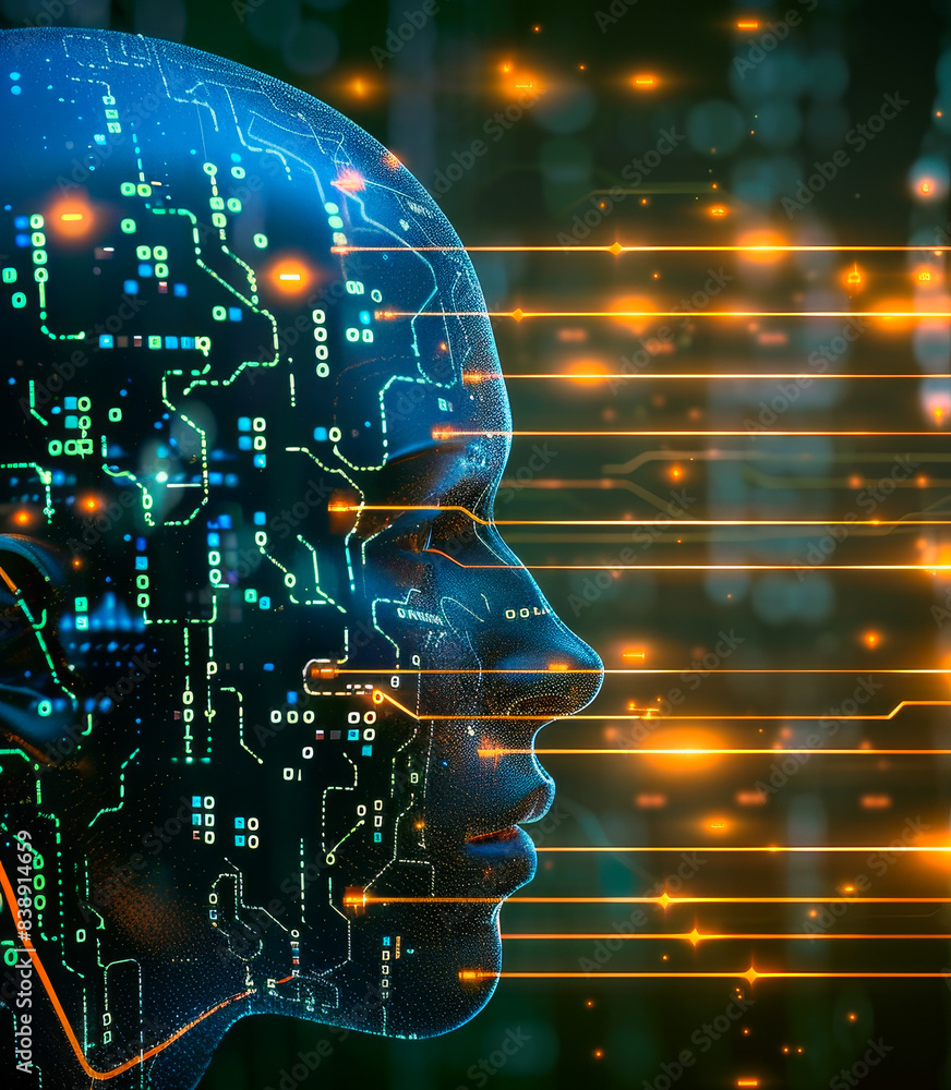 Poster futuristic 3d rendering of human head with digital circuit board and light trails representing machi