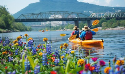 Two kayakers paddle the Tennessee River beneath the Walnut Street Bridge in Chattanooga. Blue and red flowers in the foreground match the colors of the kayaks