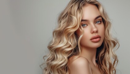 Fototapeta premium A beautiful blonde girl with long curly hair in a studio on a gray background, a portrait of a young woman with a perfect hairstyle and shiny hair, a beauty concept for makeup and color care products