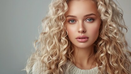 A beautiful blonde girl with long curly hair in a studio on a gray background, a portrait of a young woman with a perfect hairstyle and shiny hair, a beauty concept for makeup and color care products