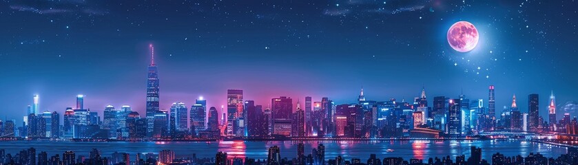 Cityscape at night with moon, detailed, blue illustration, starry sky, urban skyline 8K , high-resolution, ultra HD,up32K HD
