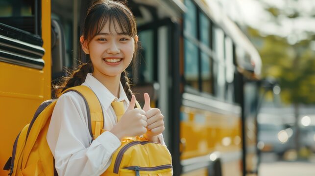Happy girl with backpack giving thumbs up by school bus