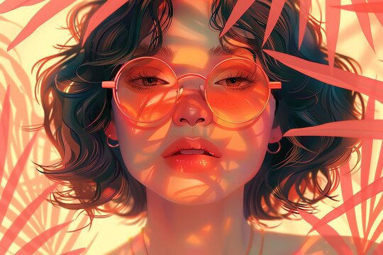 Woman in summer with sunglasses Whimsical and playful illustration, cartoonish style