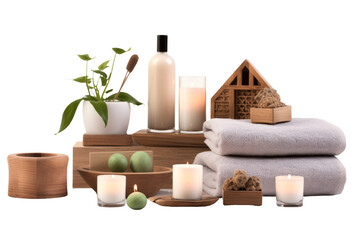 Elegance Unveiled: Luxurious Towels, Serene Candles, and Divine Wine on a White or Clear Surface PNG Transparent Background.