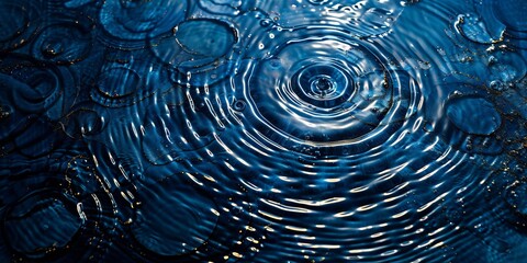 Blue water circles surface with rings and ripples from drop splash