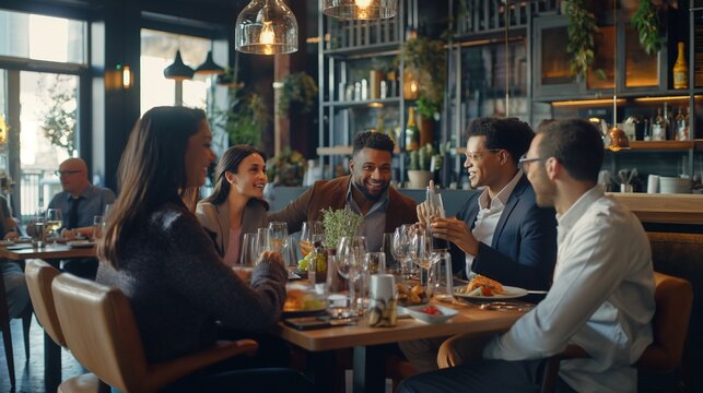 A group of coworkers having lunch together at a trendy restaurant. - Powered by Adobe