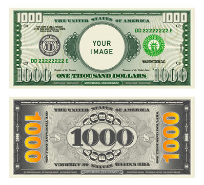 Vector highly detailed fictional beautiful 1000 US dollar banknote. Obverse and reverse of American bill with guilloche patterns. Empty circle in center. Sample, your image. One thousand dollars.