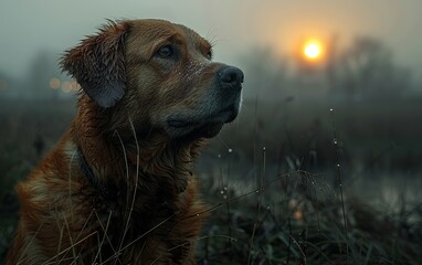 Obraz premium Wet golden retriever gazing into sunset with blurry field background, capturing serene and melancholic moment in nature.
