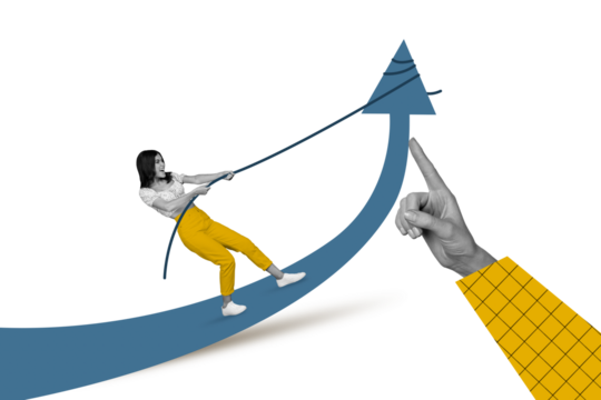 Collage picture of big black white colors arm point finger mini hardworking girl pull string arrow upwards isolated on creative background