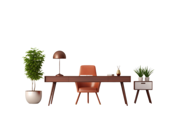 The Serene Sanctuary: A Desk, a Chair, and a Potted Plant on a White or Clear Surface PNG Transparent Background.