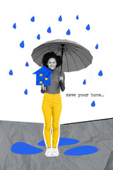 Vertical collage image of cheerful black white effect girl arm hold small house umbrella cover rain save your home isolated on grey background
