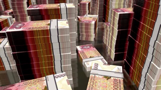 Guinea money Guinean francs notes packs loop. 3D flight over GNF 10000 banknotes stacks towers. Loopable seamless abstract background concept of business, economy crisis and finance.
