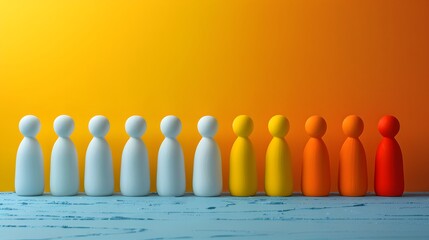 Colorful wooden figures in a line representing diversity and individuality against a vibrant gradient background.