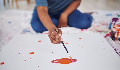 Creative, brush and hands with paper, painting and artist with mess for artwork, floor and art....