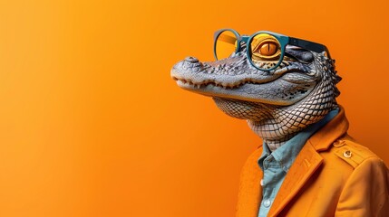 Modern alligator in fashionable trendy outfit with hipster glasses and orange business suit. Creative animal concept banner. Pastel orange background banner with copyspace
