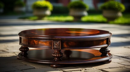 Obraz premium Round wooden table on grassy lawn by house for product showcase in spacious outdoor setting