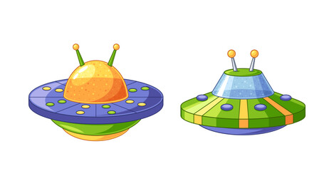 Two Colorful Flying Saucers Isolated On White Background. Whimsical And Fun Ufo Perfect For Fantasy, Space, Sci-fi Theme