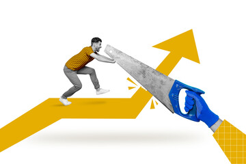 Composite collage image of mini black white effect guy hands protect defend big arm hold saw cut growing arrow upwards