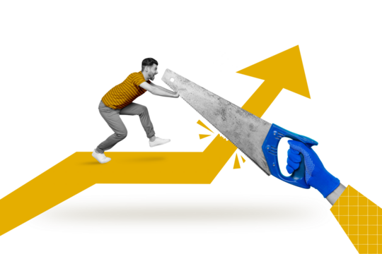 Composite collage image of mini black white effect guy hands protect defend big arm hold saw cut growing arrow upwards
