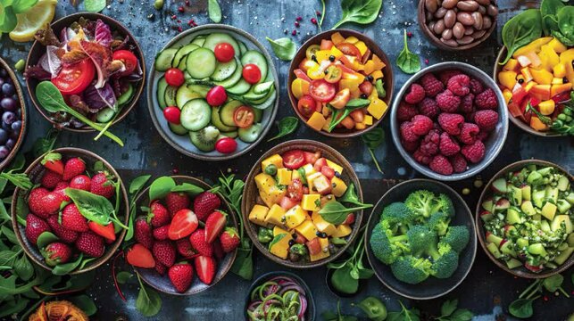 Create vibrant images of healthy foods showcasing fresh ingredients, balanced meals, and appealing presentations that promote nutritious eating