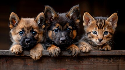 Fototapeta premium Cute puppies and kittens peek behind blank banner for vet clinic or pet supplies ad