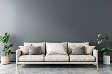 Modern living room with sofa and furniture, and gray wall as background. HD, realistic, copy space . Generative ai