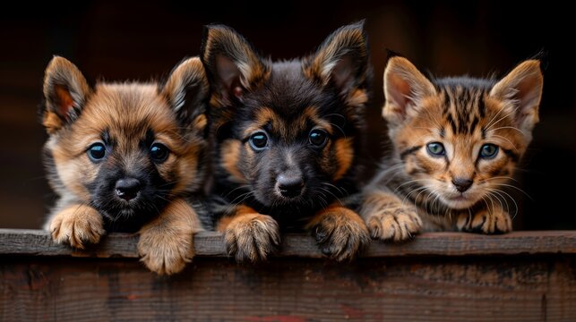 Cute puppies and kittens peek behind blank banner for vet clinic or pet supplies ad