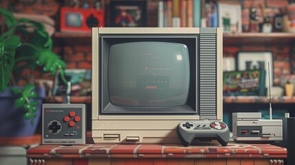 Retro Gaming Setup with Vintage Console, Controllers, and CRT Television in Cozy Living Room with Brick Wall and Shelves