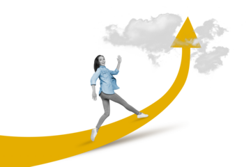Creative composite photo collage of satisfied energetic woman waving arm say hi run to achieve her goals isolated on painted background