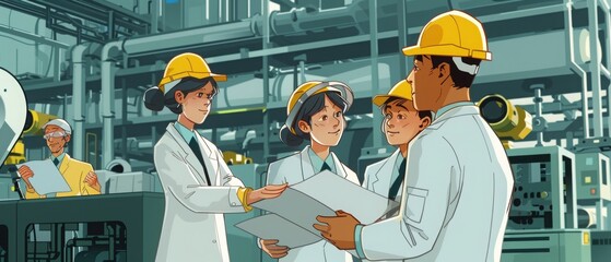 Engineers discussing plans and collaborating in an industrial facility while wearing helmets and safety gear.