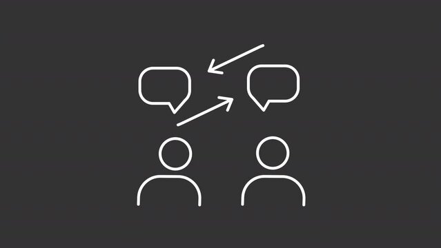 Communication white line animation. Animated people and speech bubbles icon. Professional conversation. Isolated illustration on dark background. Transition alpha video. Motion graphic
