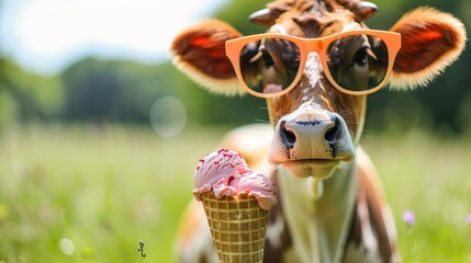 Funny animal pet summer holiday vacation photography banner - Closeup of cow with sunglasses, eating ice cream in cone