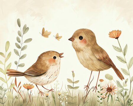 whimsical illustration of a singing bird and a happy pet Cartoonish style