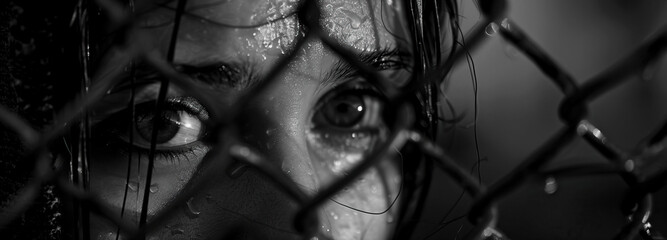 A cry for freedom: Is this the world we want? A womans tearful eyes peer through a wire fence, symbolizing the plight of victims caught in the grip of human trafficking
